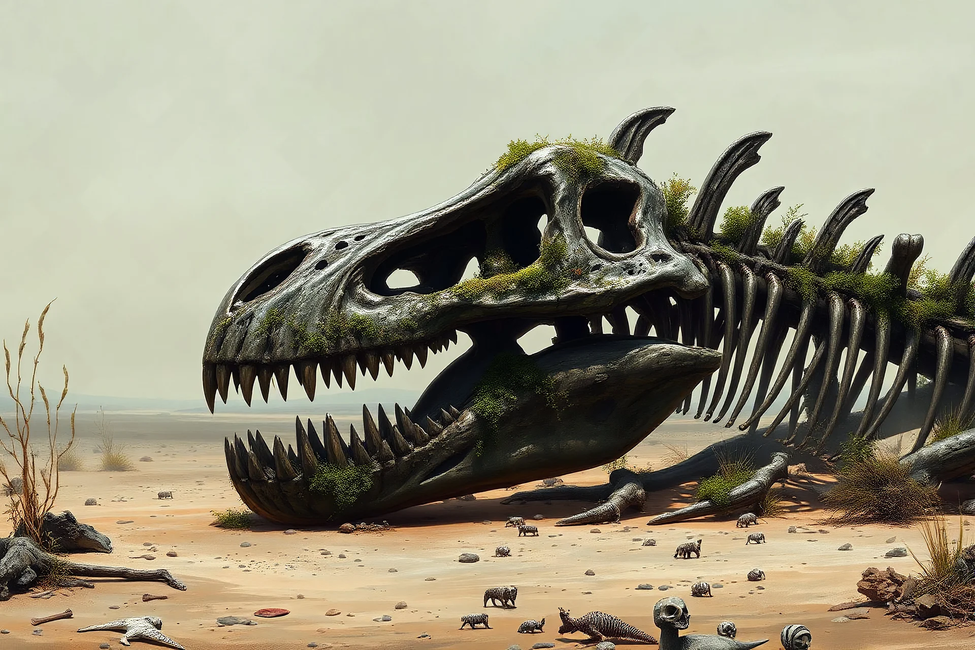 A detailed, photorealistic painting of a giant, skeletal dinosaur skull with a massive jaw, lying on the ground in a desolate, post-apocalyptic landscape. The skull is overgrown with vines and moss, and the ground is littered with the bones of smaller creatures. The sky is a hazy, gray color, and the air is thick with dust.