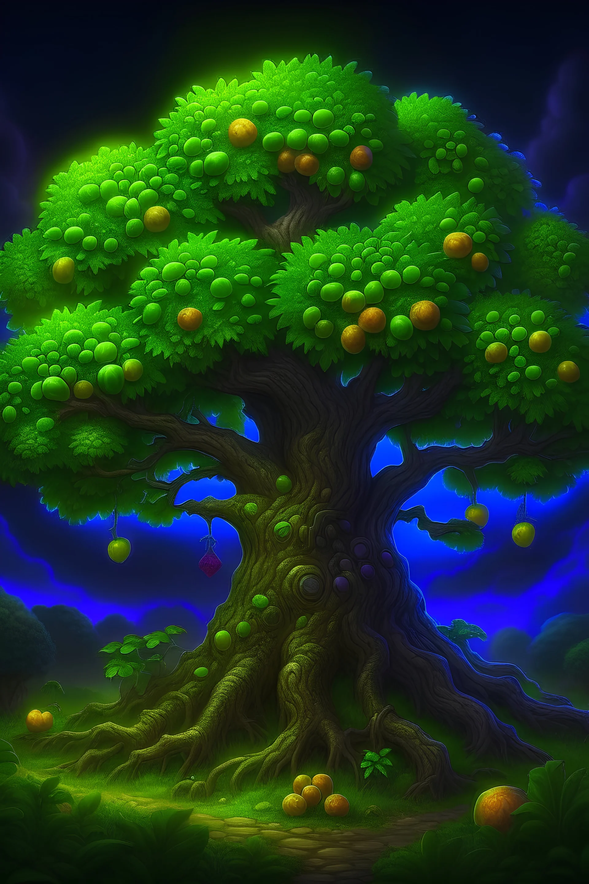 Hearthstone art, druid farmer growing fruit trees containing an ydillic scenery dark background