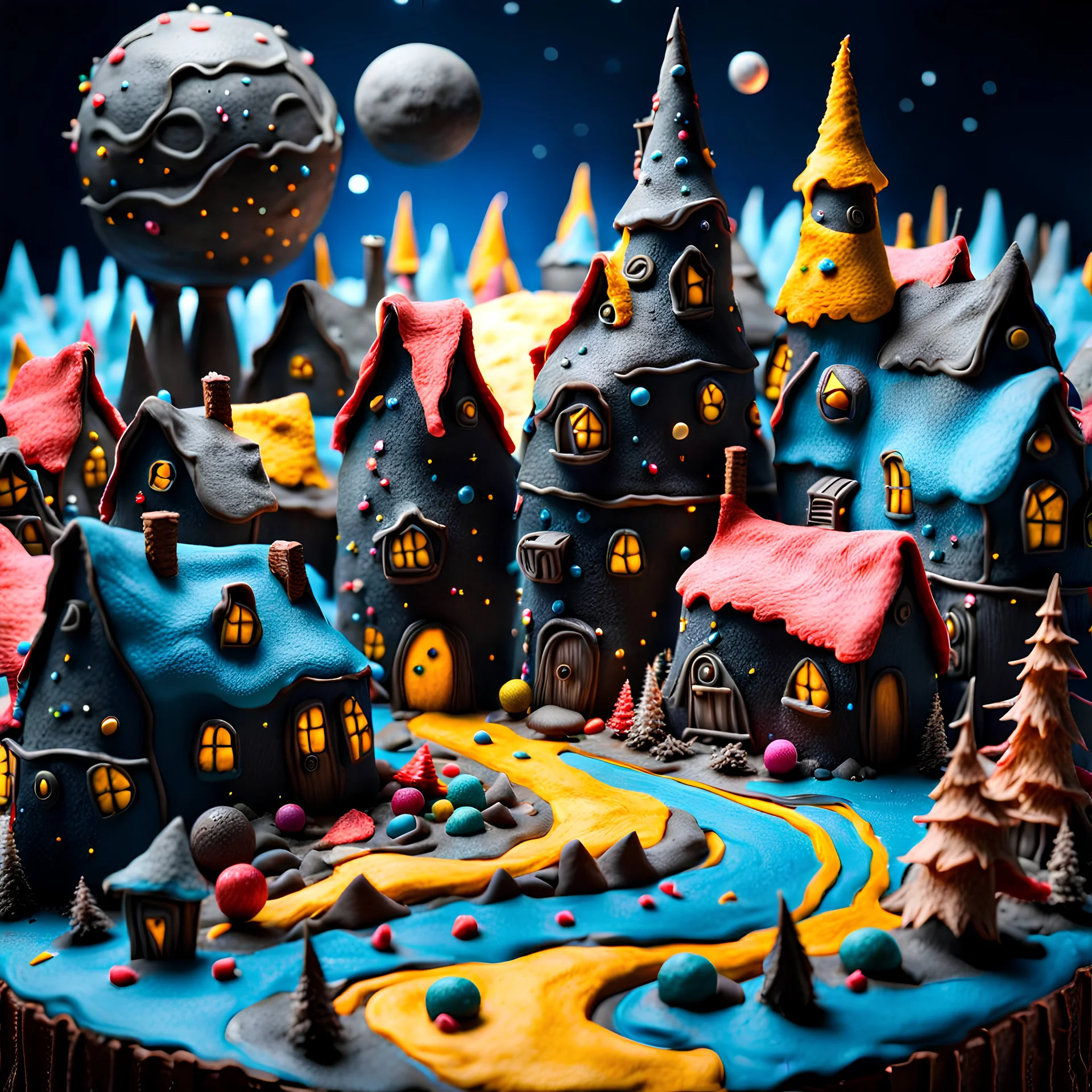 detailed creepy village made of cake frosting, felt, melting steel, strong texture, extreme detail, octane render, stars and planets, Yves Tanguy, Max Ernst