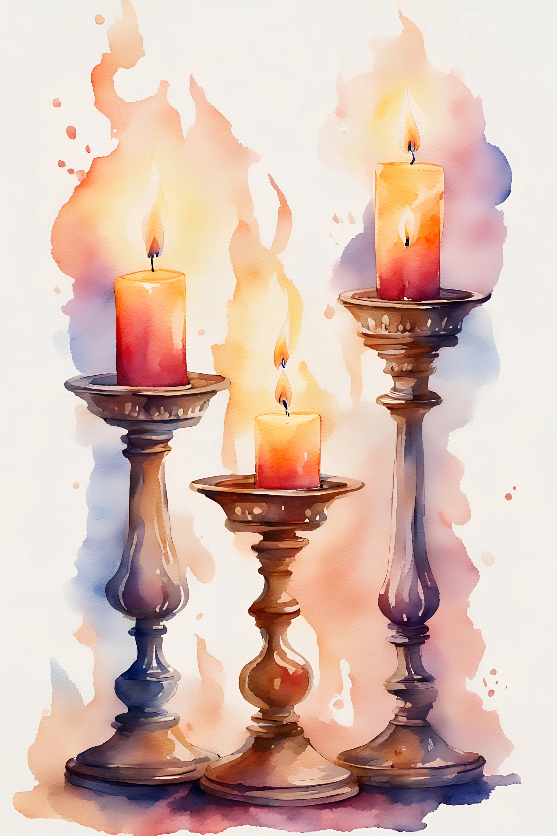 Watercolor candlestick with burning candles from the movie Beauty and the Beast on a light background