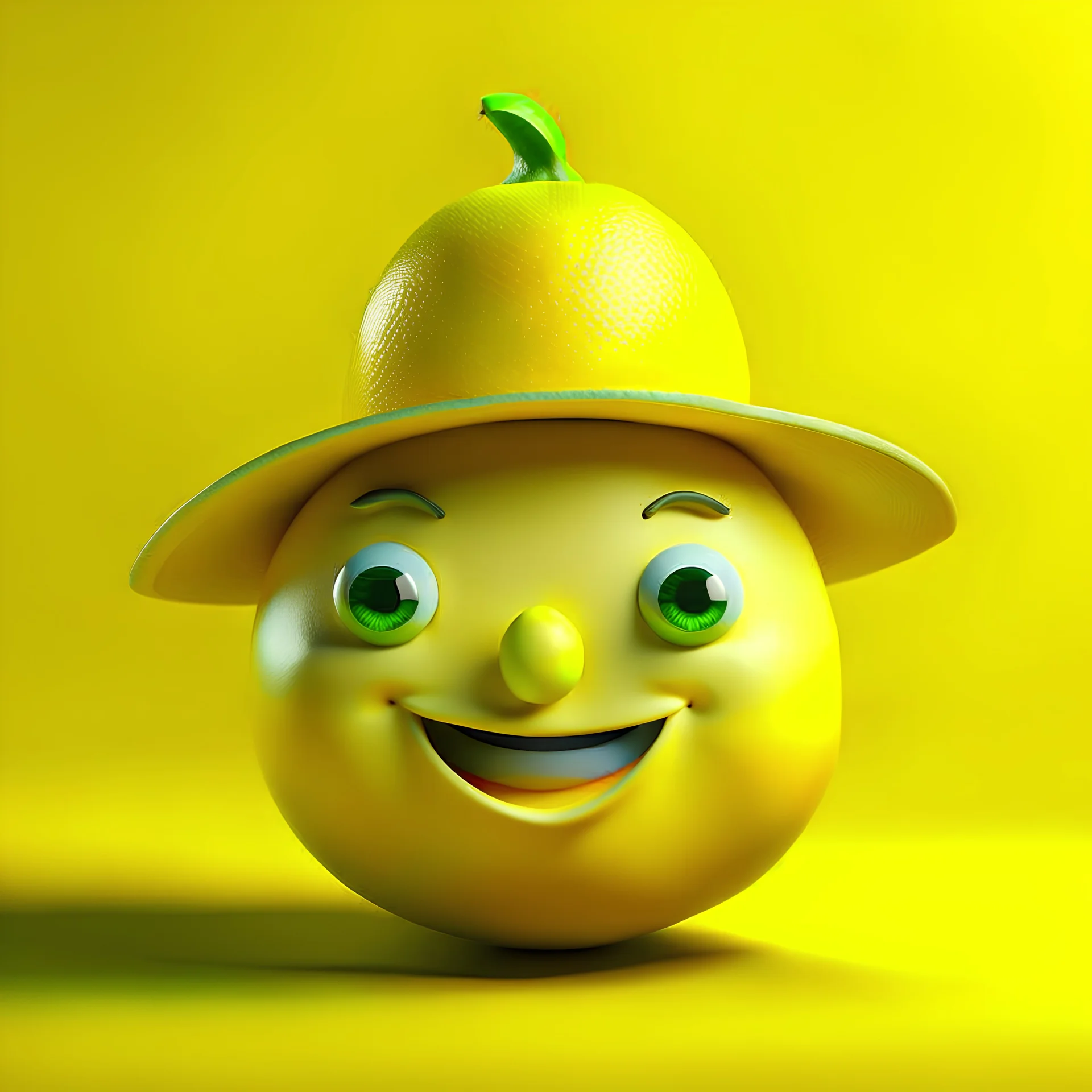 A lemon has eyes, legs, nose, and mouth, and it is smiling, cute, and beautiful, wearing a hat.