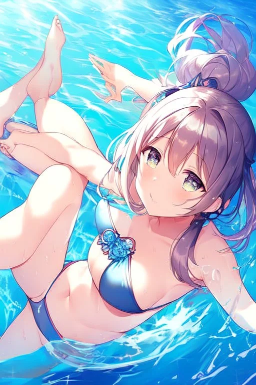 an anime waifu at the beach in a bikini swimming