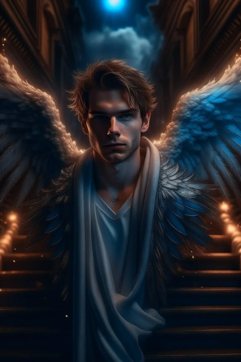 fluffy clouds, intense eyes, close facial portrait of the streetwise magician posing in elaborate cape, angels and demons, fireflies , staircase with closed gates of heaven, 4 k, down light, depth of field, trending art, high detail