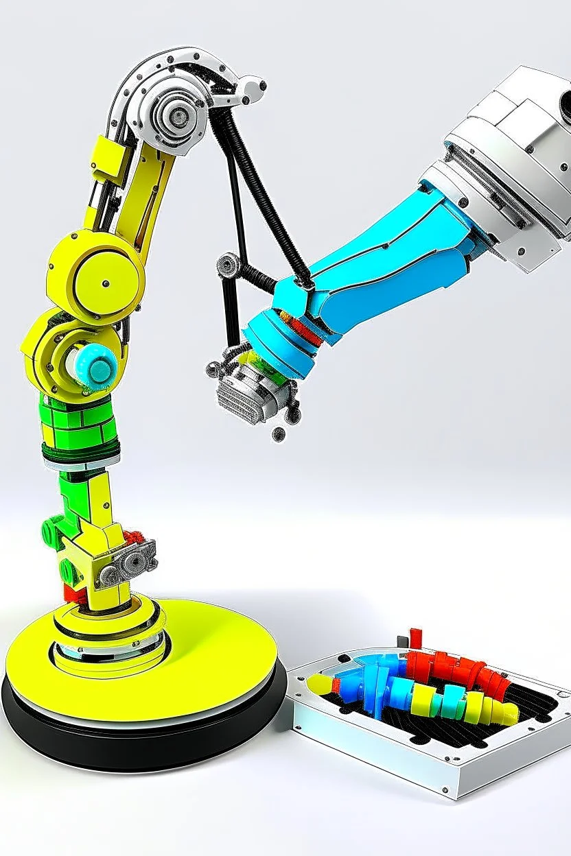 Draw a colorful cover image. What it's about is flexible link robotic arm with flexible joints that are drawing a three-dimensional model. Only display flexible robotic arms. The color of the robotic arm structure should be rich