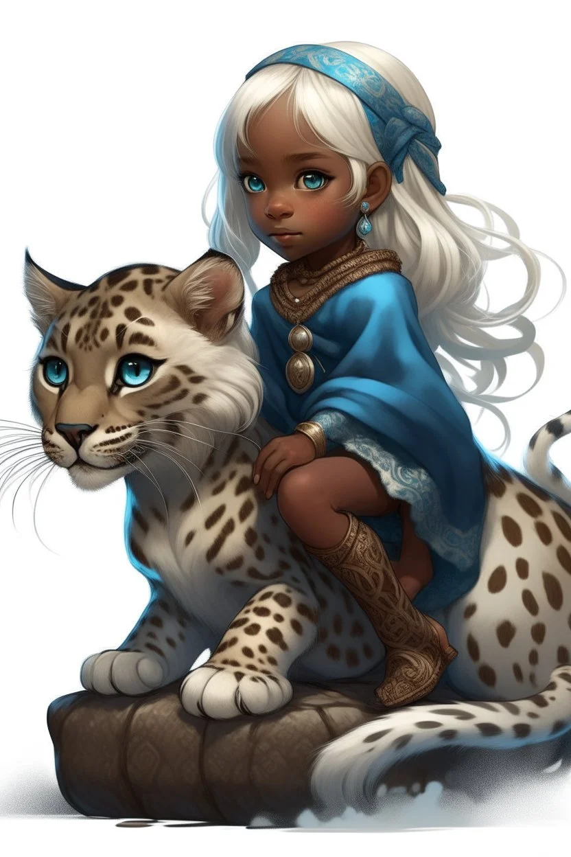 A cute eight-year-old sorceress, with dark skin, straight snow-white hair tied in a braid, with blue eyes, wearing a blue sorcerer gown, riding on the back of a giant furry leopard cat.