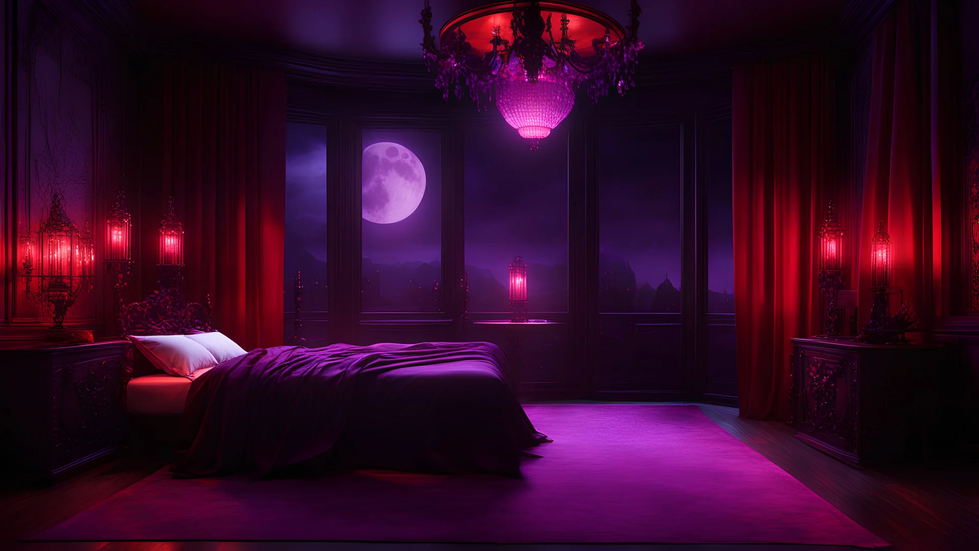 vampire luxury bedroom. Detailed. Rendered in Unity. Black and red lighting. Holograms. very dark bedroom, dim bedroom, purple light lantern, hang guns on the wall, red curtain. bit warm light, night, full red moon, lantern. amber light. purple night. table. jar on table. purple crystal.