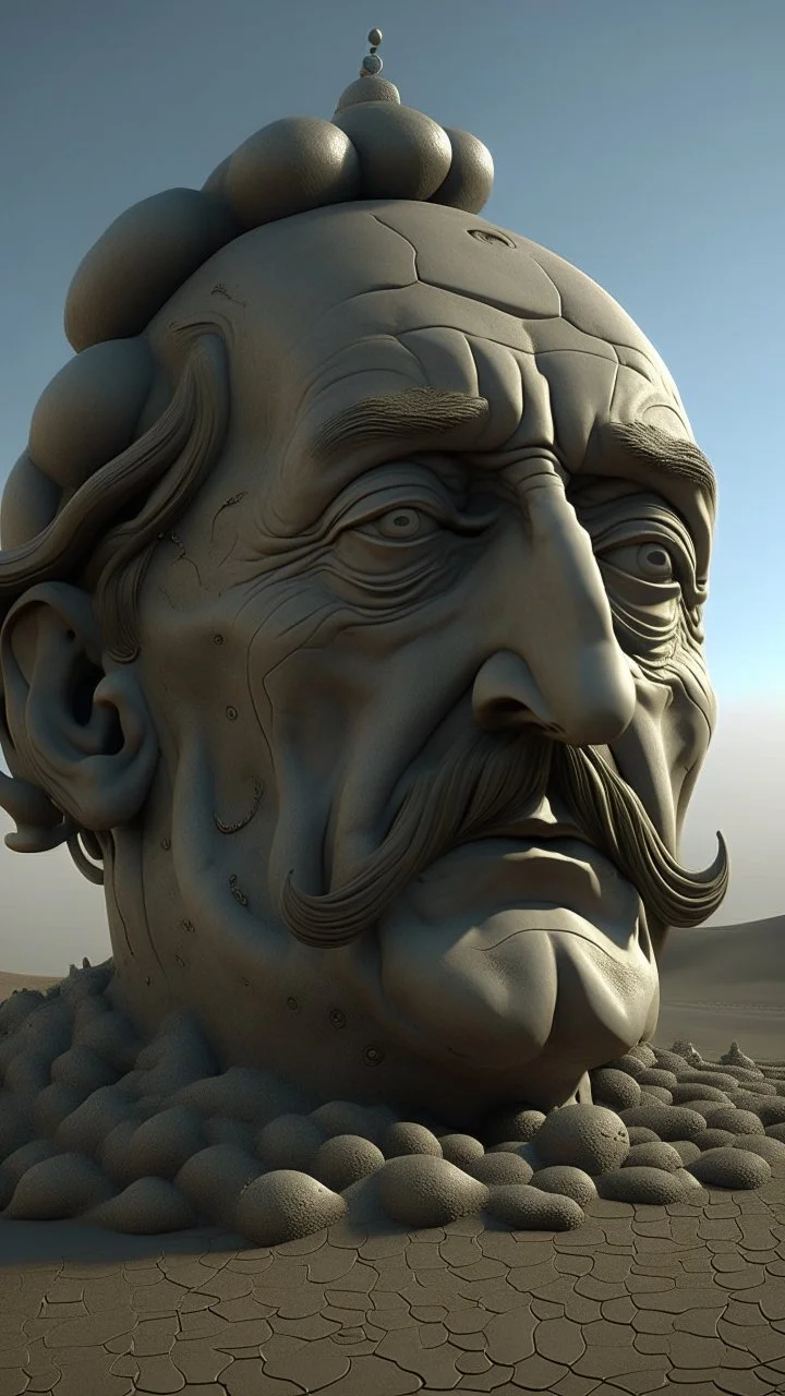 A big statue of a head for the artist Salvador Dali with his moustache in the sand out of it a lot of snakes and spidrs,surrealism of the dark of a nightmare ten miles high and six foot deep, hyper photorealistic, hyper detailed dark art color, high resolution, fog, octane render, tilt shift, HDRI Environment, all pictures dark gray