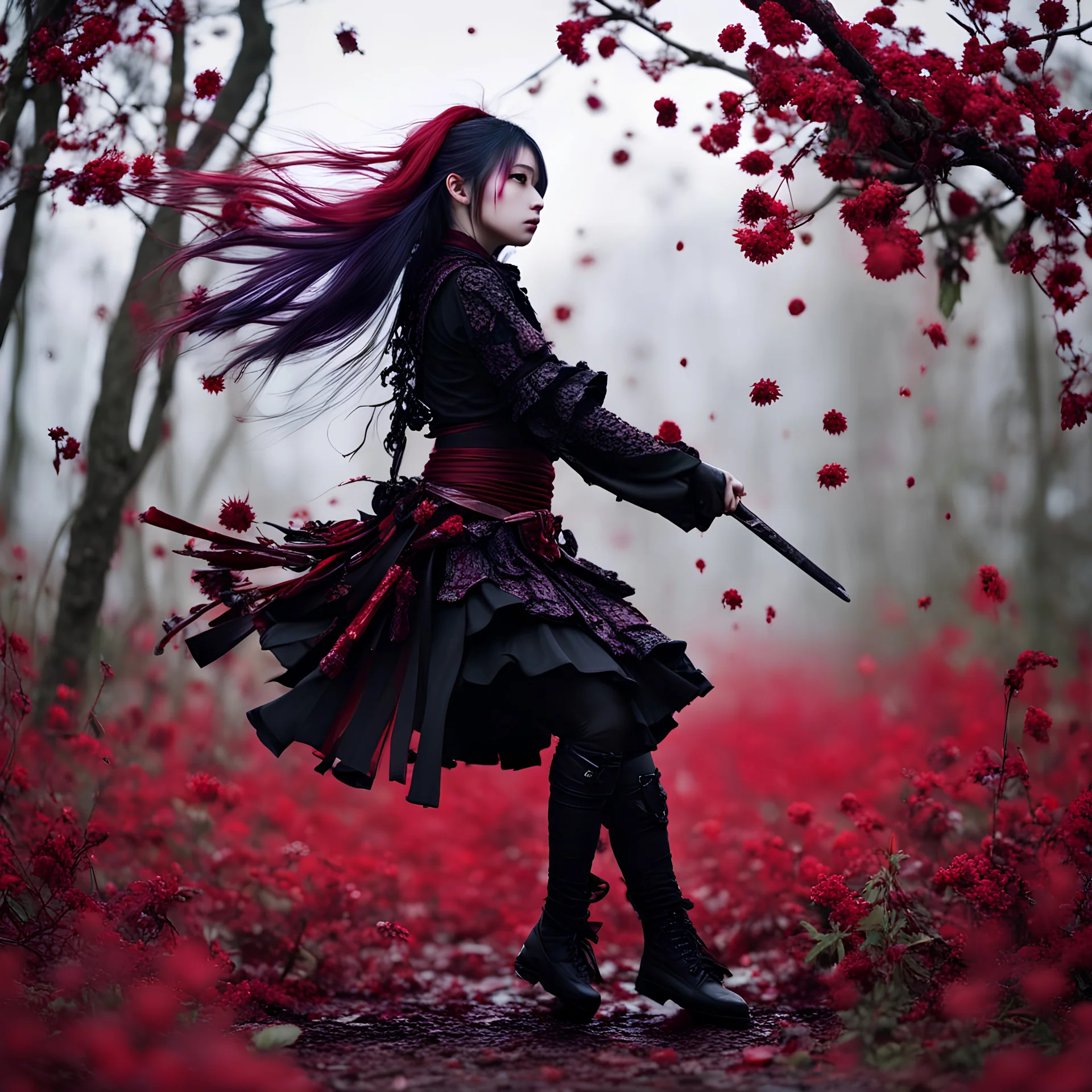 Petit girl goth, falling pose, fullbody, samurai, iridescent, blood, guts, wildflower, intricate, darkred tones, macro photography,