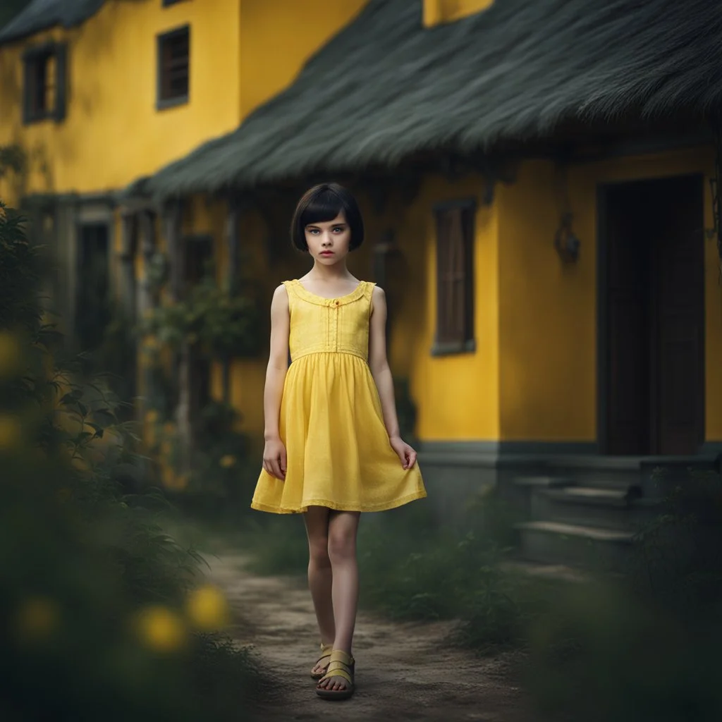 thin 12 year old girl with dark pixie cut hair, blue eyes, wearing a pretty yellow summer dress, outside a small house , photorealistic, dark fantasy