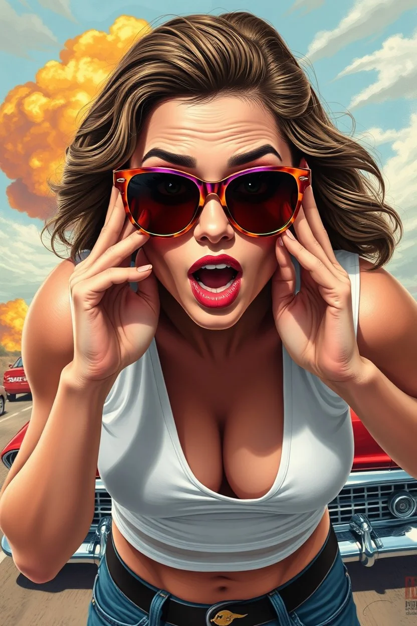 an young woman leaning forward(cropped tightly from between nose and stomach, white top with wide neck opening, cleavage, hands at face with surprised expression, home alone scream, wavy hair, large cheep colorful sunglasses, gloss lips), nuclear explosion and classic Cars in background, greaser, digital painted illustration