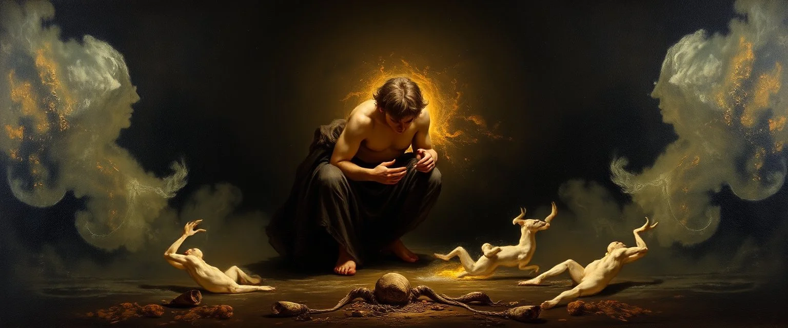 master oil painting by Rembrandt,My child, my Fool, my mirror in the deep, The truths you seek are yours alone to keep. I am but echo, shadow, whispered name— You are the one who plays the greater game. The gods of old still hunger in the void, But you, Klein Moretti, cannot be destroyed. Not wholly. Not while one soul calls you friend, Not while this story races toward its end.