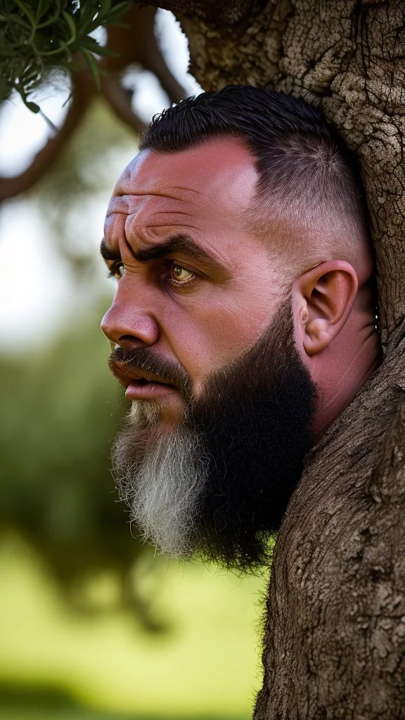 back portrait photography of a marocan ugly angry dirty burly stocky chubby farmer 31 years old, bullneck, strong arms, big belly, very sweat, long beard, very angry, angry eyes, near an olive tree , in the Italian countryside , September sun, ambient occlusion, DSLR, cinematic shot, hyper detailed photography, photorealistic, 50mm lens , strong side light, back view