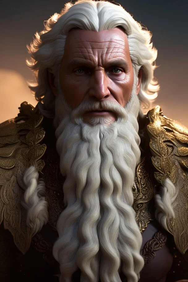 Photoreal close-up of handsome muscular old man druid with angelic features and intricate ornate armor in the ice mountains at sunset, forgotten realms fantasy style by lee jeffries, 8k, high detail, smooth render, unreal engine 5, cinema 4d, HDR, dust effect, vivid colors