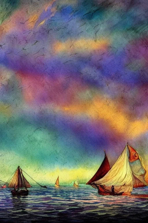 Rainbow in the darkening sky sunset sailing boats with snow-white sails seagulls on the shimmering water Jean-Baptiste Monge style surreal a masterpiece razor-sharp focus dynamic lighting watercolor and ink concept art extremely detailed psychedelic 8k beautiful high detail high definition colourful matte background Michelangelo Van Gogh colorful dramatic lighting fine art reflections whimsical National Geographic photography Alexander Archipenko Romantic Impressionism Fantasy illustration