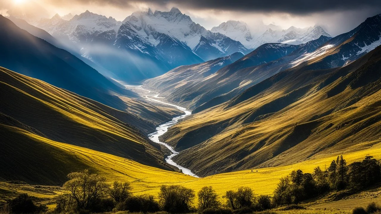 Majestic Himalayan landscape, terraced fields, steep slopes, distant enormous snow-capped mountains, river gorge, dramatic sunlight, chiaroscuro, beautiful composition