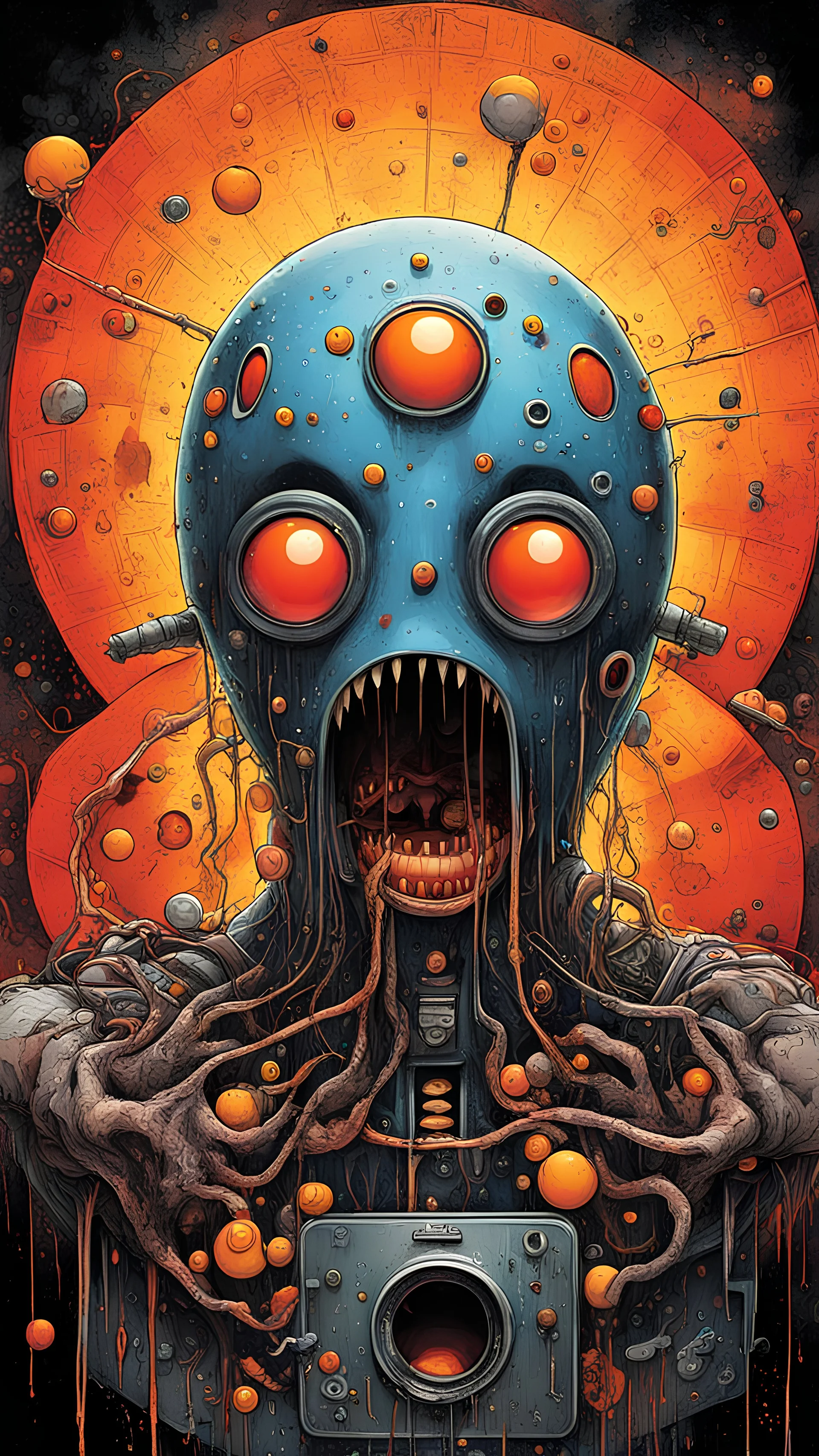 sinister surreal horror Pac-man avatar with eyes clamped open like in Clockwork Orange forcing it to watch scary videos of Pac-man ghosts while being pumped full of nausea-inducing chemicals, horrible frowny expression, color ink illustration, horror, surreal, gritty by Chris Friel and Zdzislaw Beksinski