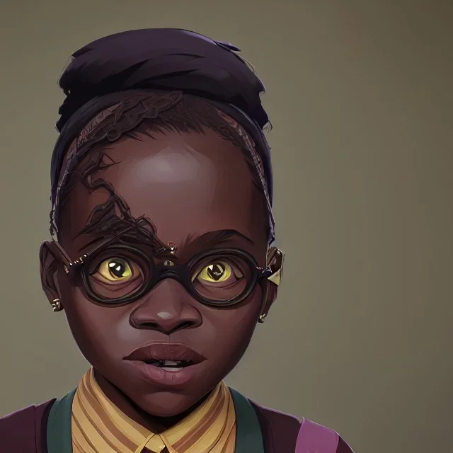 Portrait of a 9 year old African witch with bushy hair and glasses by Nick Harris