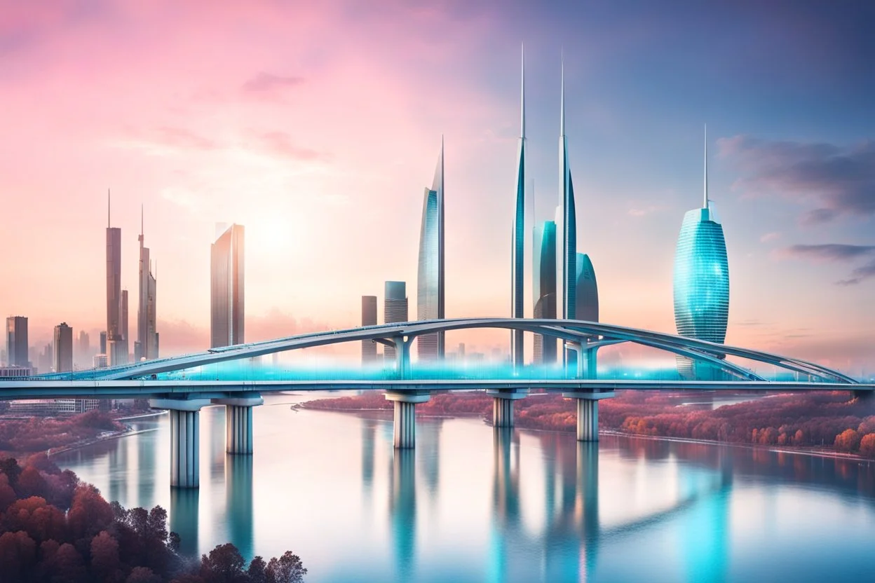 Dreamlike Skyline of Downtown futuristic hightech city in 4050 and a stunning futuristic Bridge During with dark clouds and storm, over the azur-silver color river, cold colors, come storm, high detalied, sci-fi, landscape