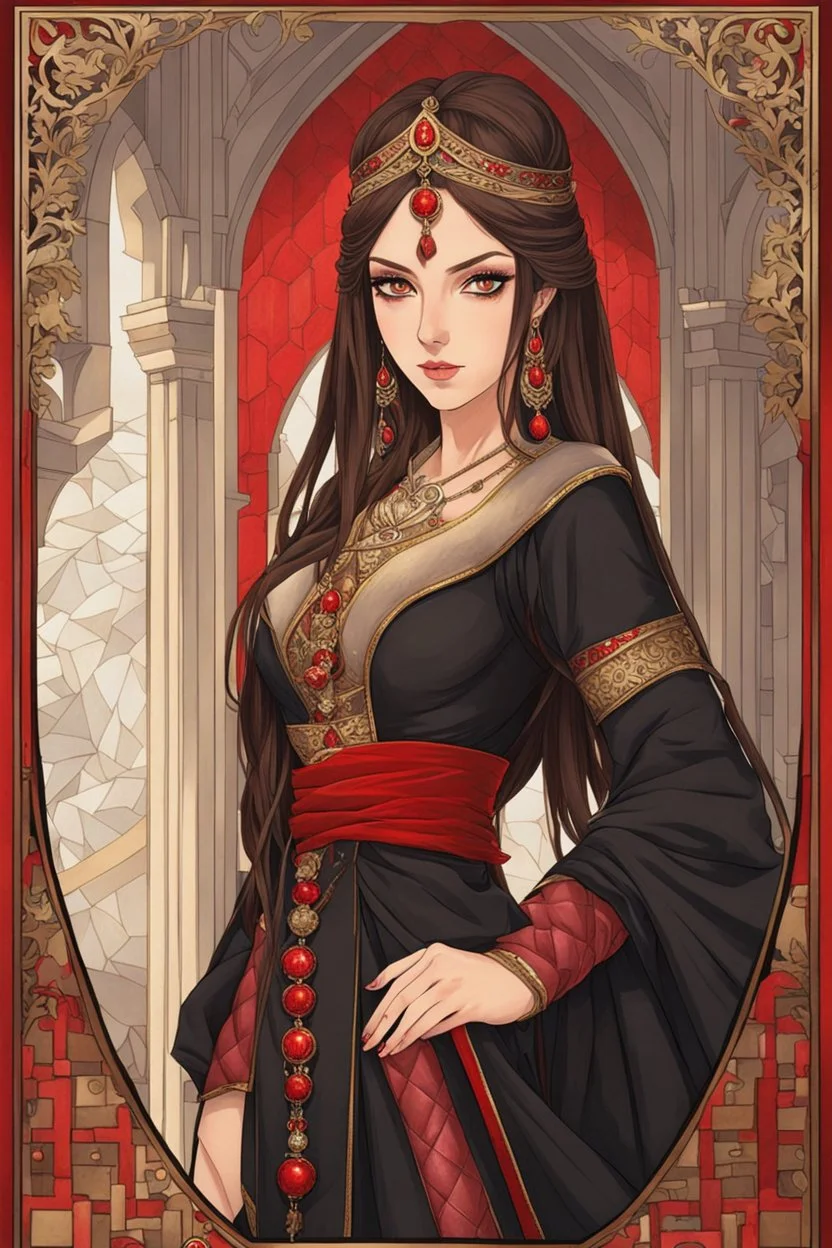 woman with long brown hair and red eyes, medieval concubine, anime style, highly detailed, intricate background, red and black clothes, Greg Rutkowski