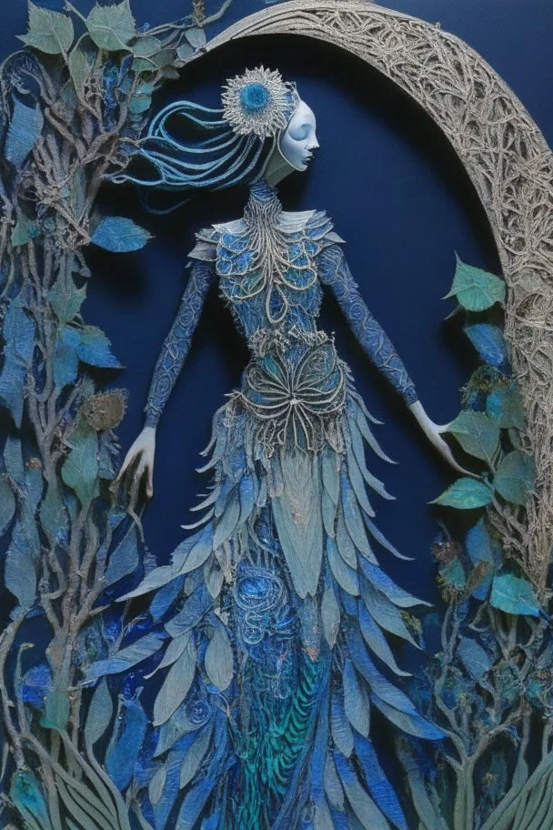 Artwork entitled "Two Moon Pond Goddess " depicts a partially skeletonized Pond Goddess wearing a gown made from detailed quilling consisting of feathers, foliage, fish scales, flowers, and gemstones appearing inside an archway of quilling growing around her and one of the moons; quilling