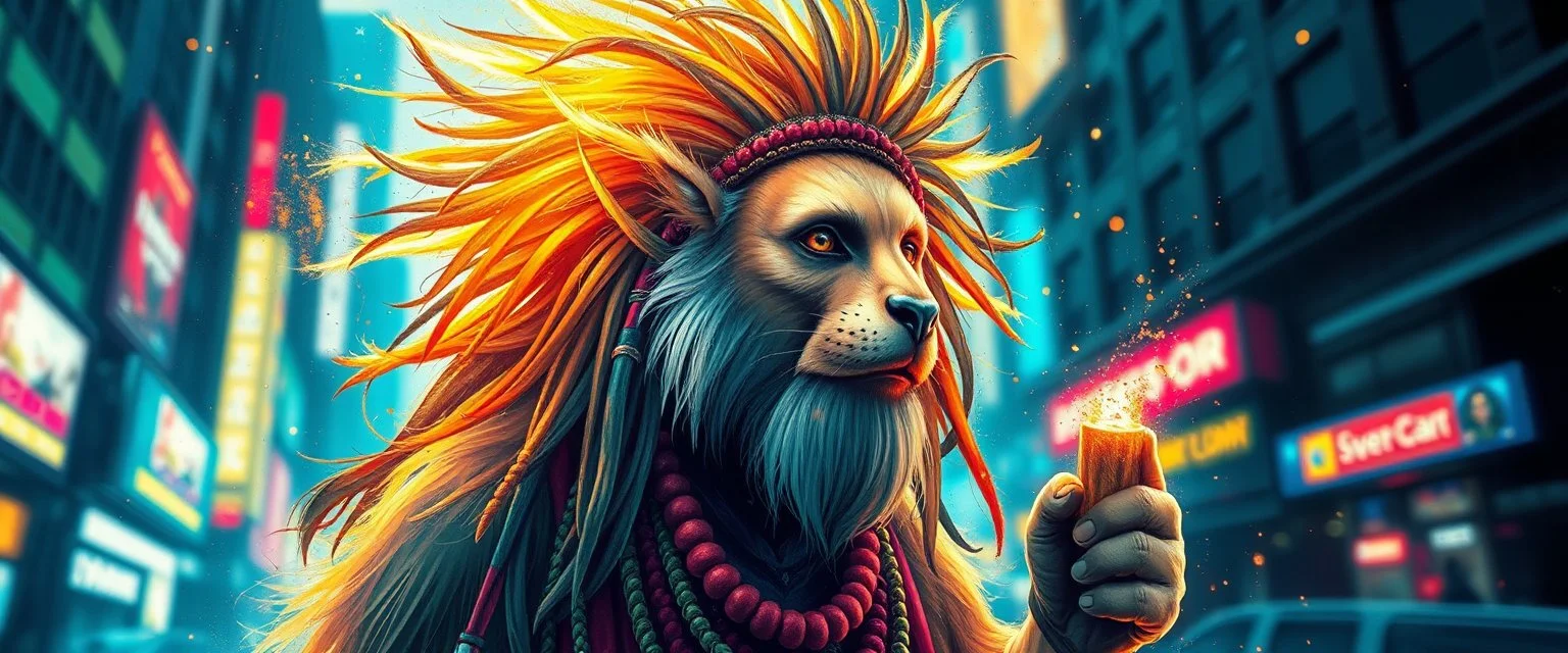 wall poster of transparent weasel radiant savior rasta man with cute fur, in big cyberpunk city crossover, volume light and motion blur, airbrush and pen outline and paint smears, and splatter drops