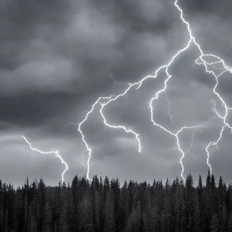 Greyscale forest, sad person, cloudy sky, lightning bolt streaking across sky