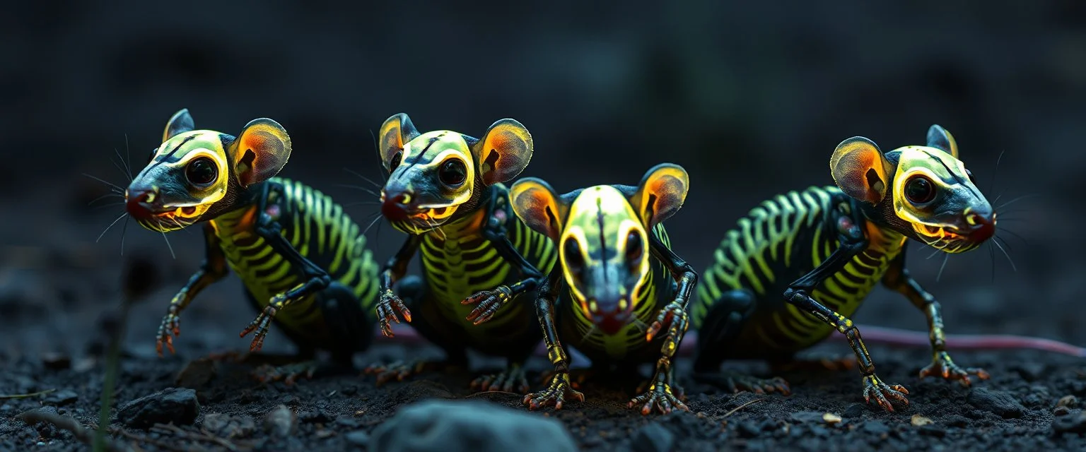 close up on glowing raven skeleton rat babies, raised by ninja necromancer in the wild