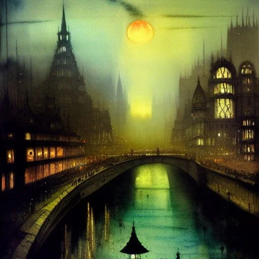 Metropolis Skyline ,dark colours, watercolor, volumetric, macro photograph , by john atkinson Grimshaw, detailed painting,matte painting, alphonse mucha, greg rutkowski, ink drawing