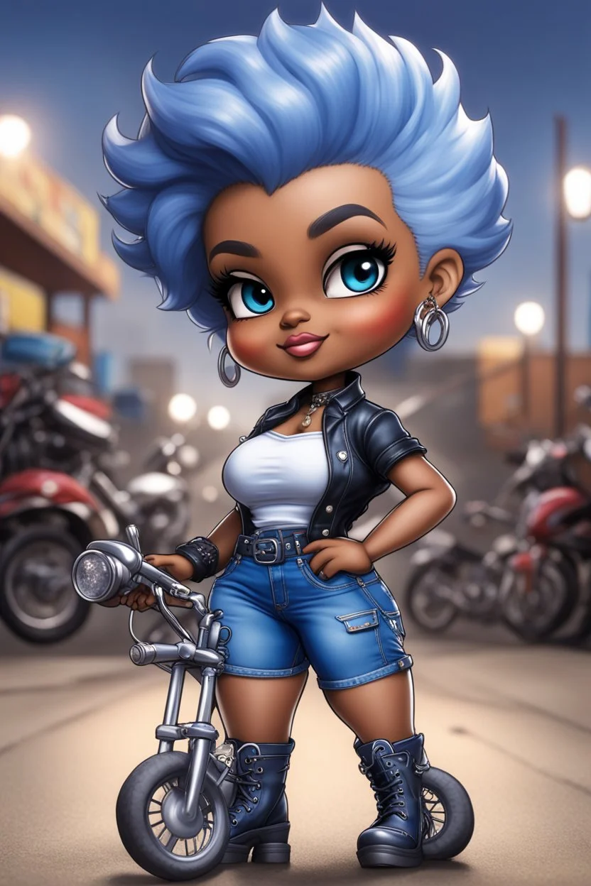 create an airbrush illustration of a chibi cartoon voluptuous black female wearing a blue jean outfit with biker boots. Prominent make up with hazel eyes. Extremely highly detail of a very low platinum blonde pixie haircut. Background of a bike show.