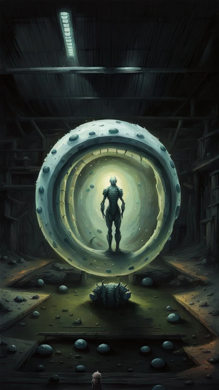 Dark fantasy painting art style. A man-sized, iridescent, naturally armored hexapod larvae. A child-sized, gray, apodous creature with a segmented, rotund torso. A bear-sized, black, apodous creature with a segmented, rotund torso surrounded by alien eggs. Within a pitch black cave