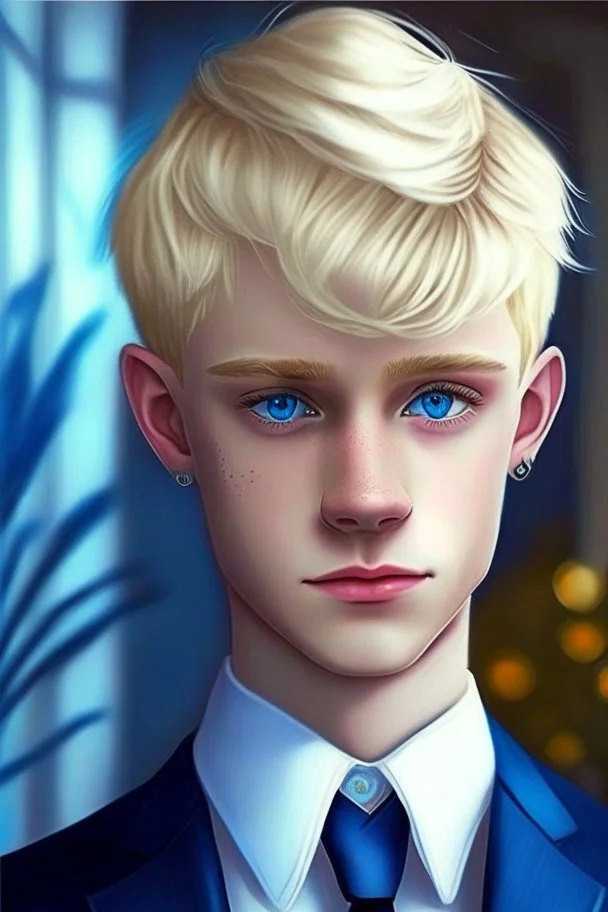 A cute Twink boy, blonde haircut, blue eyes, suit in party