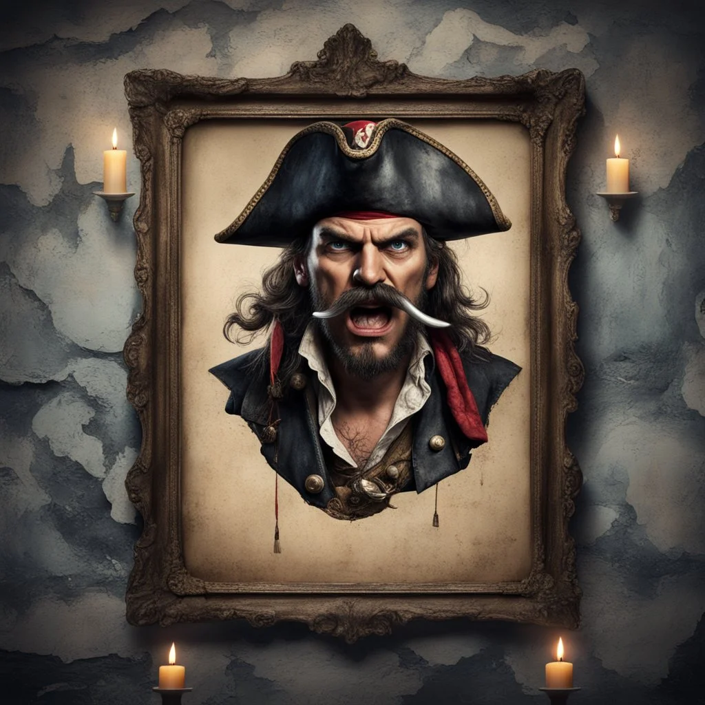 Hyper Realistic vintage view of a portrait frame of an angry pirate with big moustache on a peeling paint wall with candles on wall at night