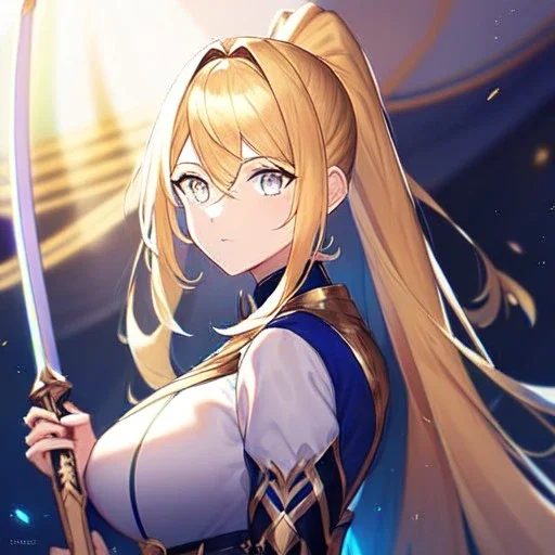 Clear focus, 8k, girl, high quality, detailed, golden long ponytail hair, white eyes, beautiful lighting, vibrant colors, holding sword