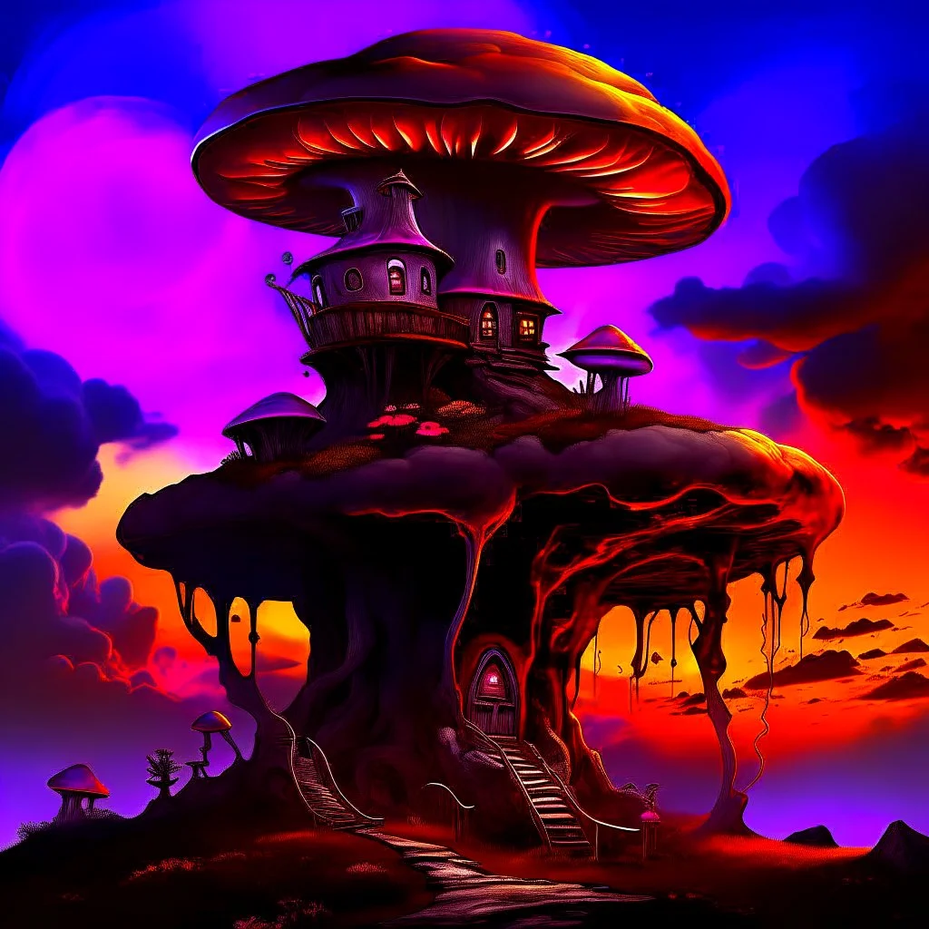 A fantabulous black, orange, and purple(((mushroom tower house))) erected atop a (geologic pillar), surrounded by the uncanny imaginative ((( swirling skies))), offset by the stark hues of a (neon-tinged nebulous space scape), within. captured by the hand a skilled master painter with a focus on (softly blurred compositions and voluminous lighting).