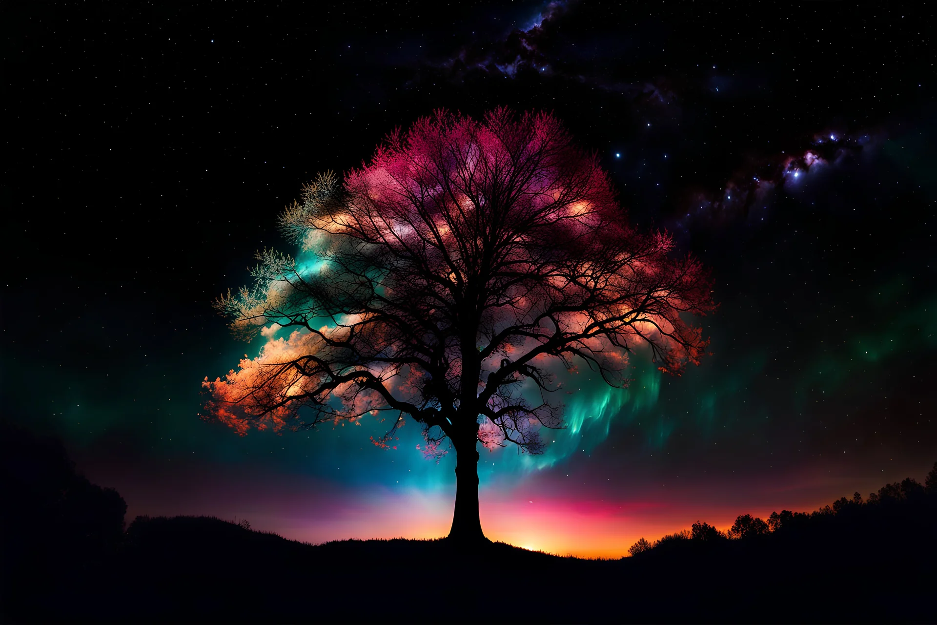 <https://s. mj. run/5pNsVSE5cHI> The birth of Creation, a leafy Tree with energetic and colorful streams of light in an epic galactic sky, with professional color grading, soft shadows, no contrast, clean sharp focus, cinema film photography, 32k, hyper realistic :: nebula::1 wide angle lens::1 defocus::-0. 5 --ar 2:3 --v 5 --q 5 --no mountains