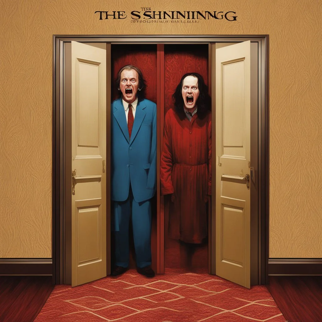 Movie poster for "THE SHINING" by "STEPHEN KING", stylsh photo layered modern poster design of a hotel door "217" and Jack nicholsen as a madman and Shelly Duvall screaming in terror, digital art, hyperreal, dramatic, smooth, by Drew Struzan and Tom Jung