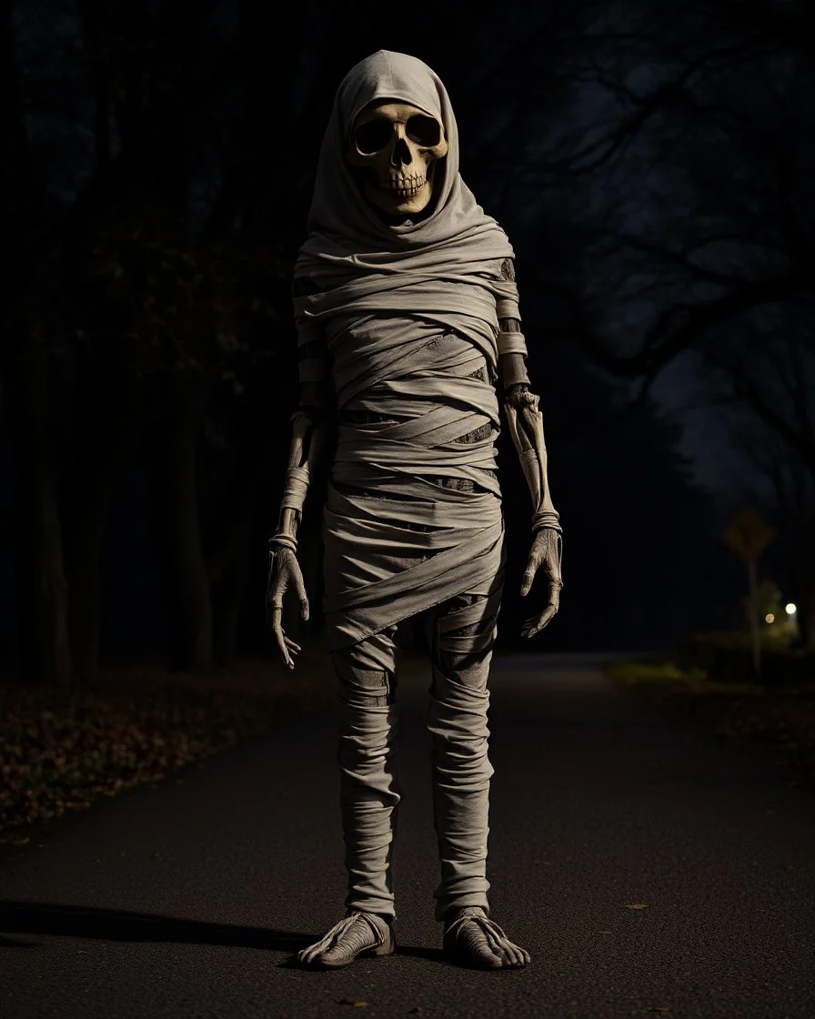 a stalky mummy standing with gaps between the wraps revealing a hollow emptiness, on a treed roadway at night