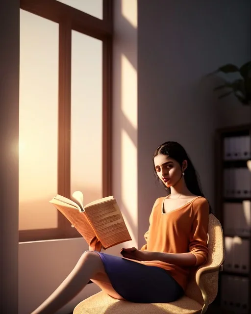 Beautiful, thin young woman, Arab home clothes, wavy hair, sitting on an office chair, reading a novel, next to a window, outside the window is sunset , 8k, finely detailed, photo realistic.