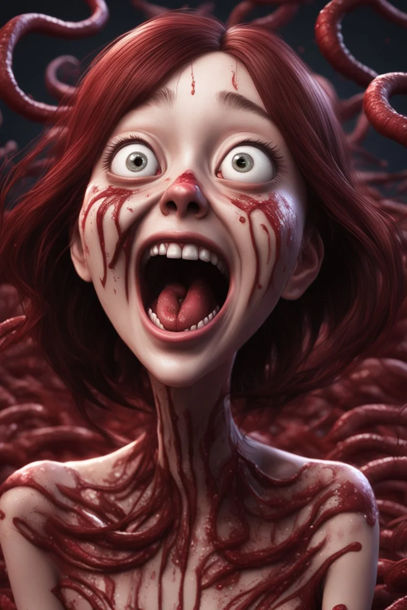 Woman with rare eyes,smiling meanwhile many worms streaming from his mouth, face distorted with pain, screaming, tears streaming, siting pose, fullbody, Junji Ito style, darkred tones,high detailed, 4k resolution, digital paiting, cute, art, no background 3d pixar disney the cinematic FKAA, TXAA, and RTX graphics technology employed for stunning detail.