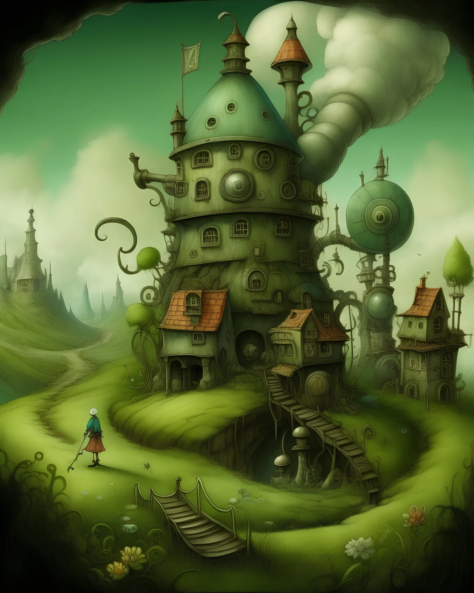 Neo surrealism, whimsical art, painting, fantasy, magical realism, bizarre art, pop surrealism, inspired by Remedios Var, Jacek Jerk and Gabriel Pacheco. Create an illustration of a scene from howl's moving castle, majestic stonework, whimsical noisy bellowing wheezing machinery, gears, wheels, beautiful green landscape