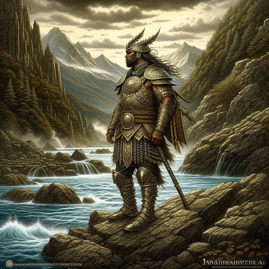 Warrior, painted, digital painting, 24k, high resolution, highly detailed, ornate, mountain views with streams of water, art by JOHN STEPHENS