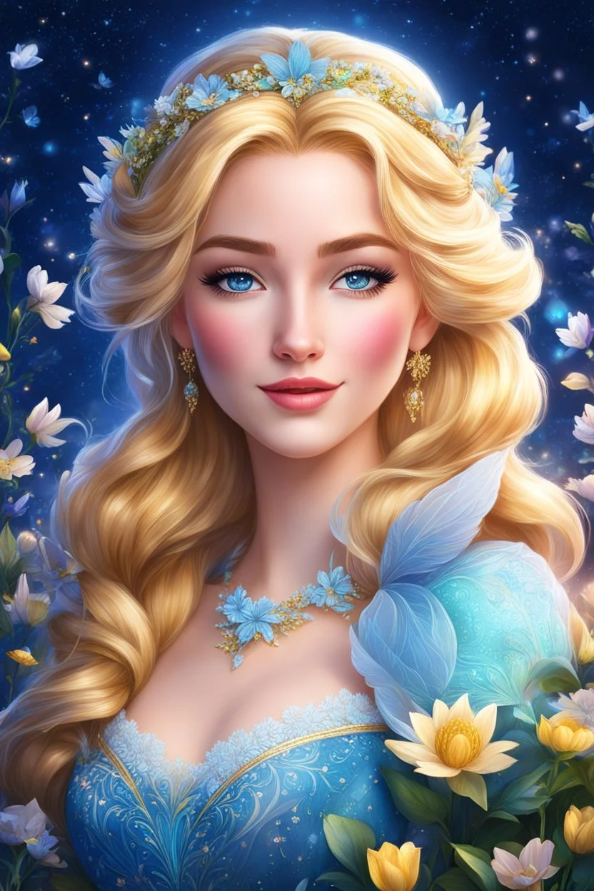 Fair Elsa, with her golden hair and elegant presence, renewed dreams and beauty amidst the spring flowers under the blue night. highly detailed, digital art, beautiful detailed digital art, colorful, high quality, 4k