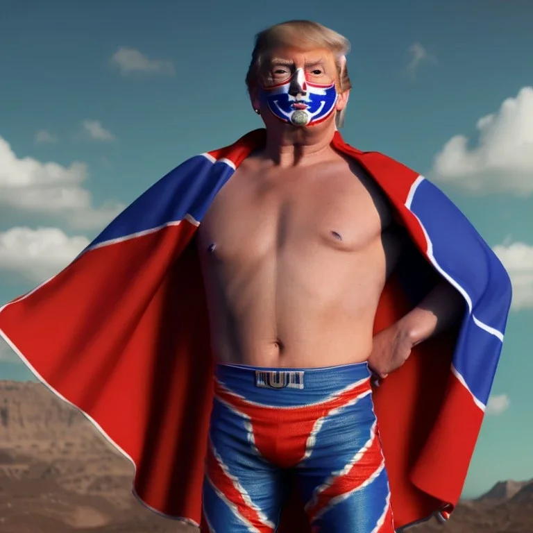 realistic image of donald trump as a mexican wrestling fighter posing outdoors, Mexican eyes wrestling mask, red and blue breeches, confederate flag cape, retro style, 80s, vibrant color, highly detailed, sky background, concept art, unreal engine 5, god rays, ray tracing, RTX, lumen lighting, ultra detail, volumetric lighting, 3d, finely drawn, high definition, high resolution.