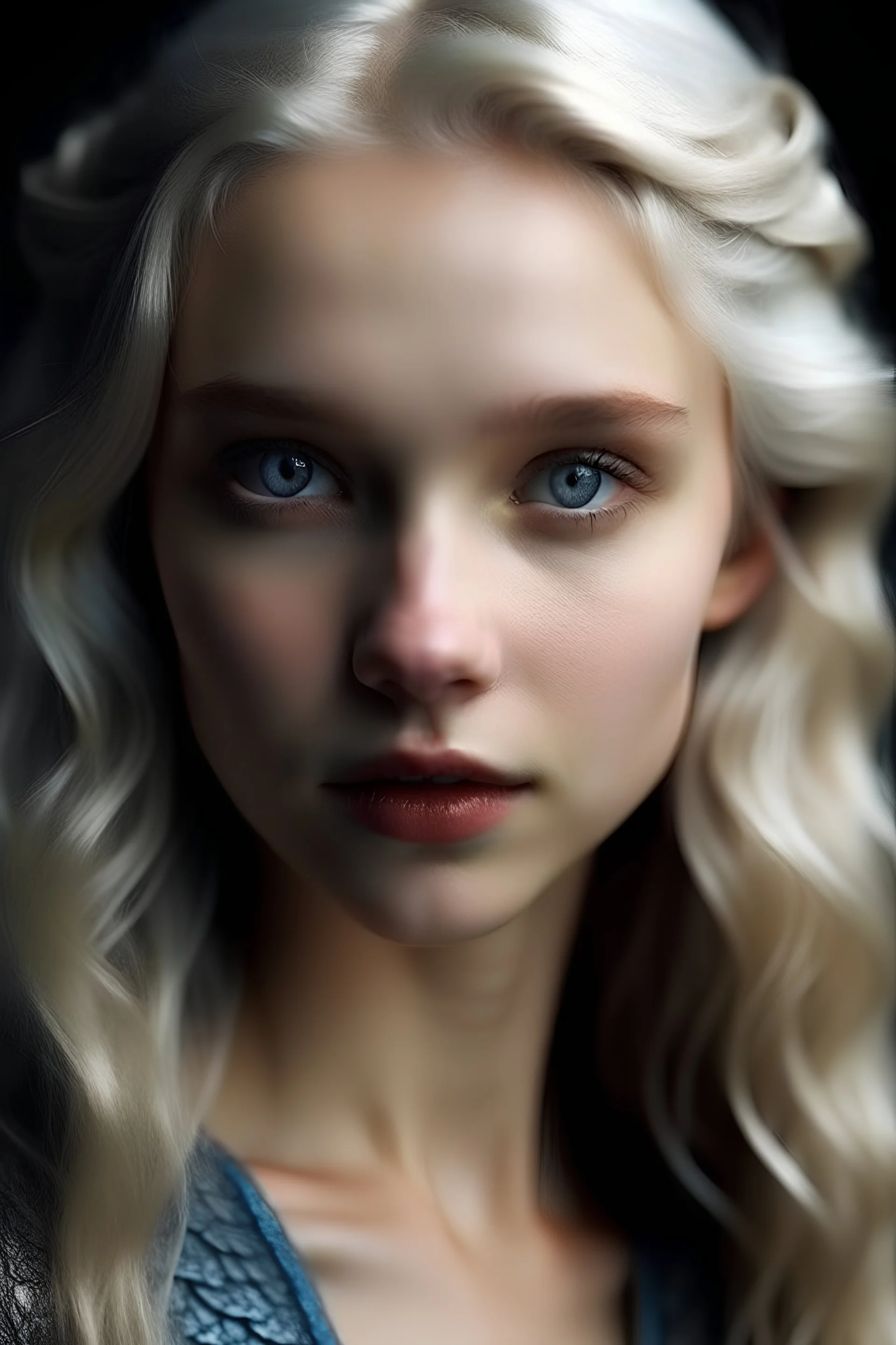 Maegelle Targaryen, 16, embodies youthful grace with her silver golden hair and sapphire eyes. Photo Realism, high cheekbones round jaw