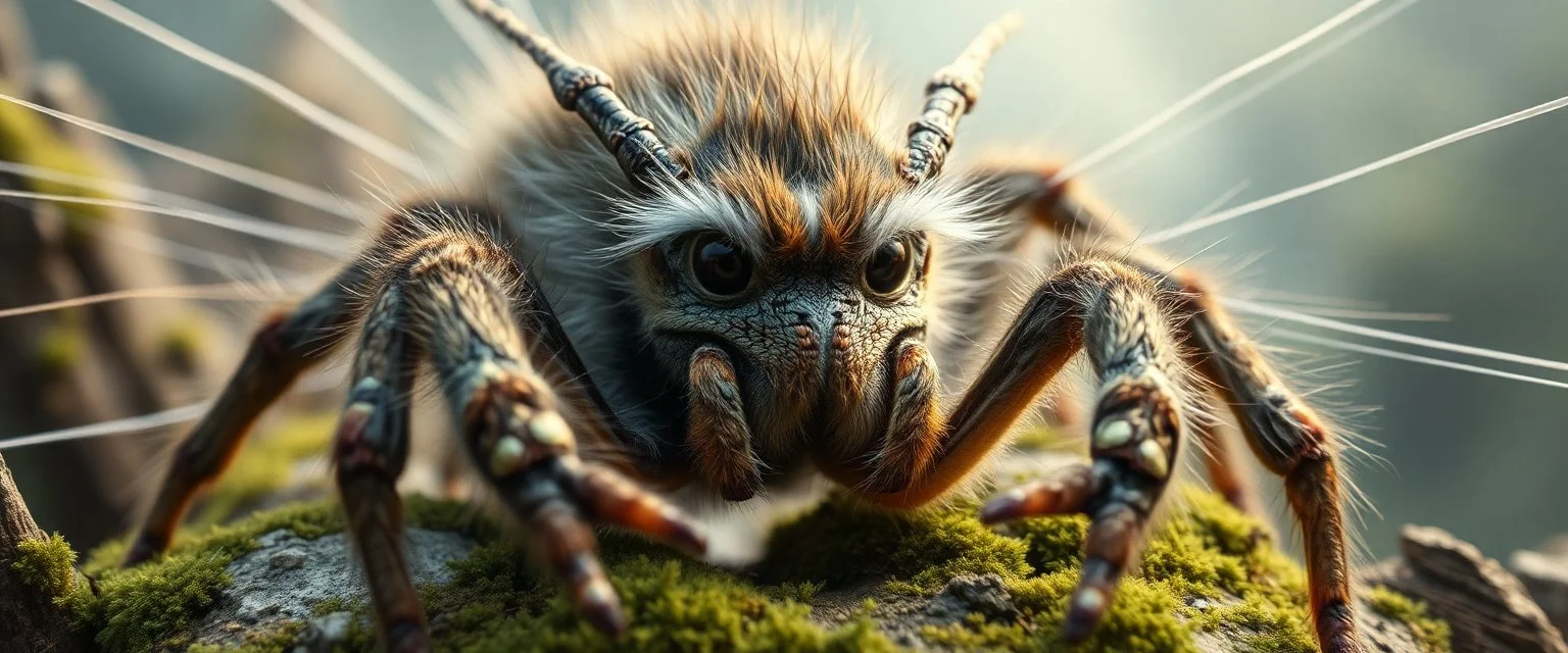 the high speed magical face of a fluffy dragon spider yoga with charm in web from mossy tower, master oil painting by Rembrandt and Escher, in his moss covered space station, brightened edges to give a sense of depth, motion blur