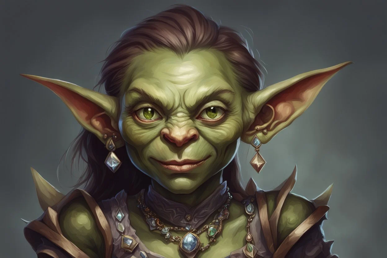 dnd, portrait of female goblin wearing jewelry