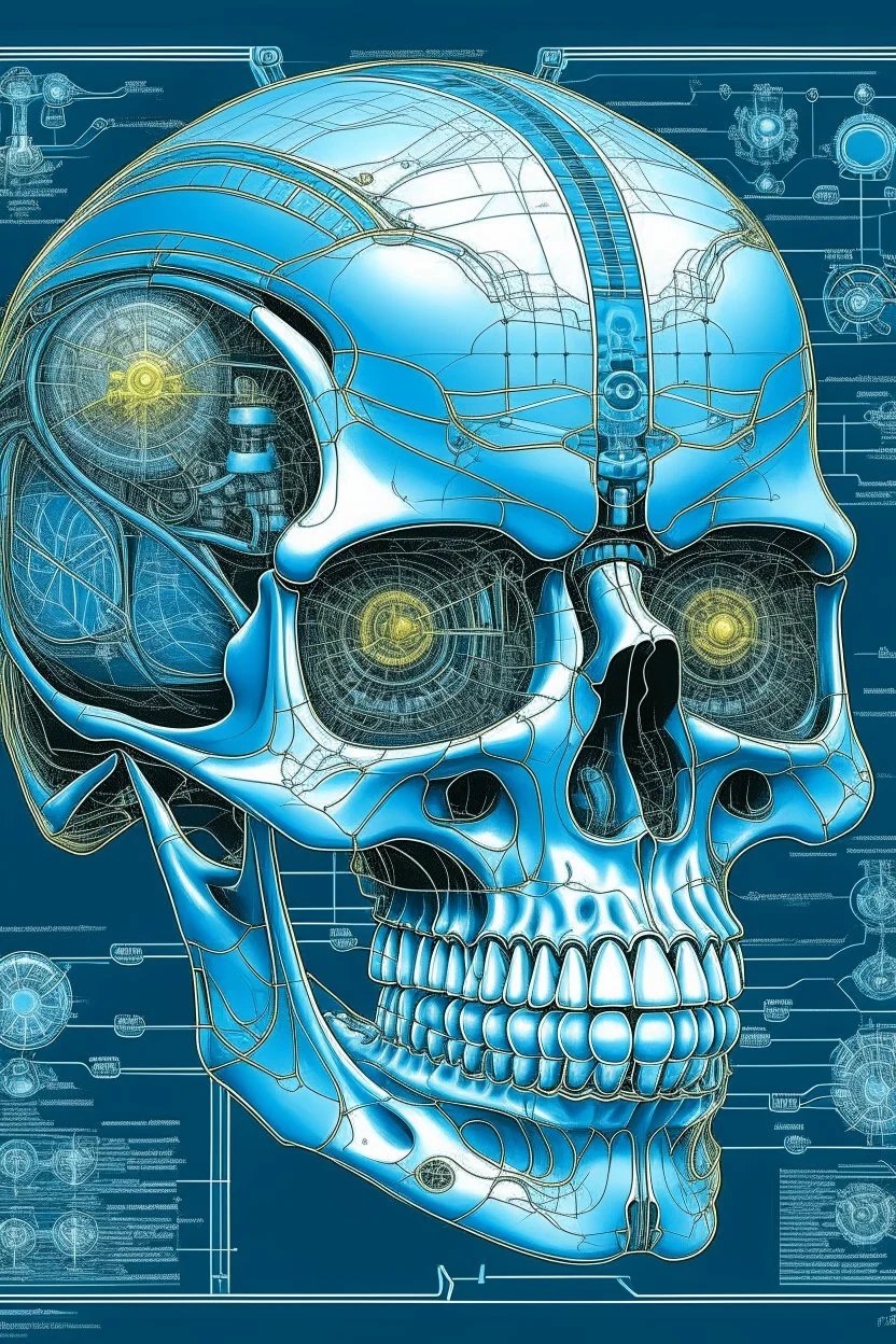 An Andy Warhol style illustration of a set of schematics for a cyborg skull, digital illustration, extreme detail, digital art, 4k, ultra hd, graphite pencil drawing, realistic, fine art, vray, 3d mandelbulber, octane 3d, digital painting, realistic and natural, cosmic sky, detailed full-color, hd photography, realistic surrealism, elements by dr. frankenstein detailed, gloss, hyperrealism, random neon wiring dayglo effects,and background color, industrial background, as a poster with more neon