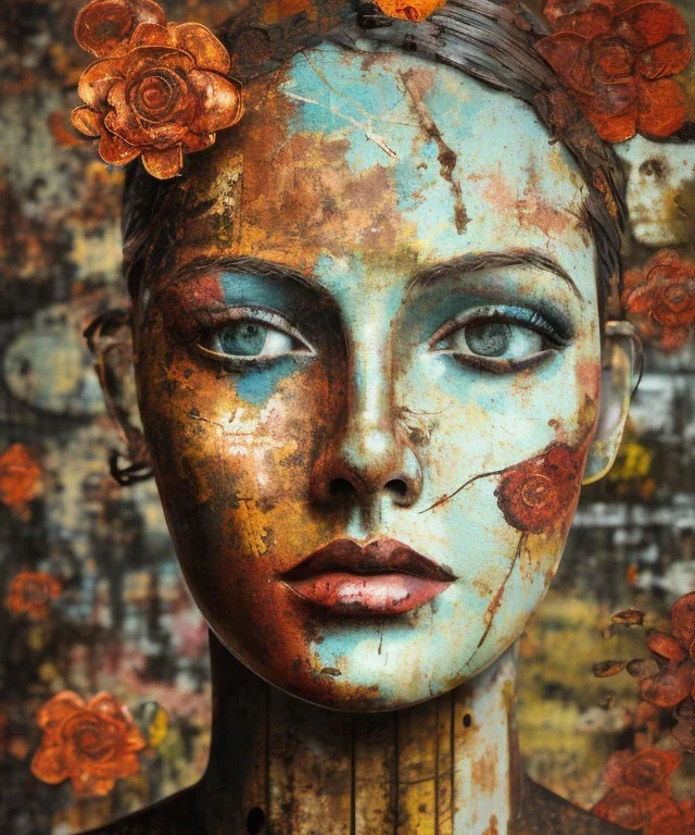  an abstract painting of rusted metal and flowers, african portrait, rust, scaffolding, iron cladding, decay, mixed media, textured, anatomically correct, beautiful perfect face, sharp focus, highly detailed, injured face