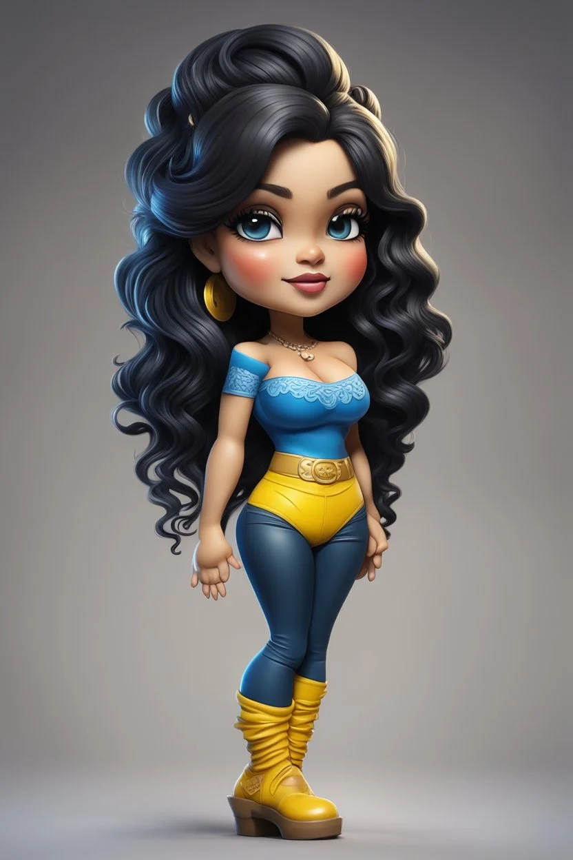 Create an airbrush image of a curvy chibi cartoon polynesian female wearing tight yellow jeans and a blue off the shoulder blouse. Prominent make up with hazel eyes. Extremely highly detailed shiny black wavy hair flowing down her back