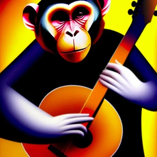 cubist painting of a monkey playing a guitar, 6 strings, fingers